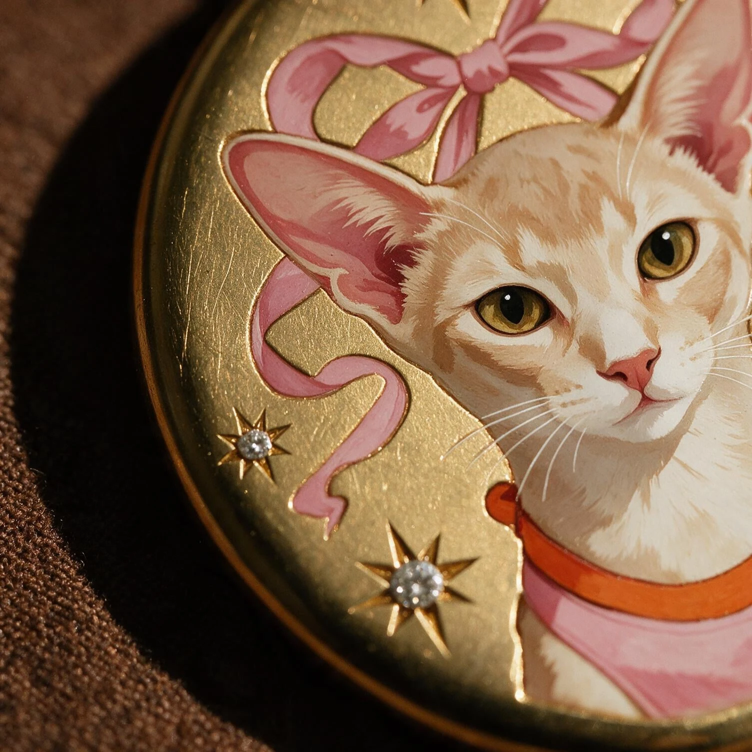 Hand-painted cat portrait with a pink ribbon motif