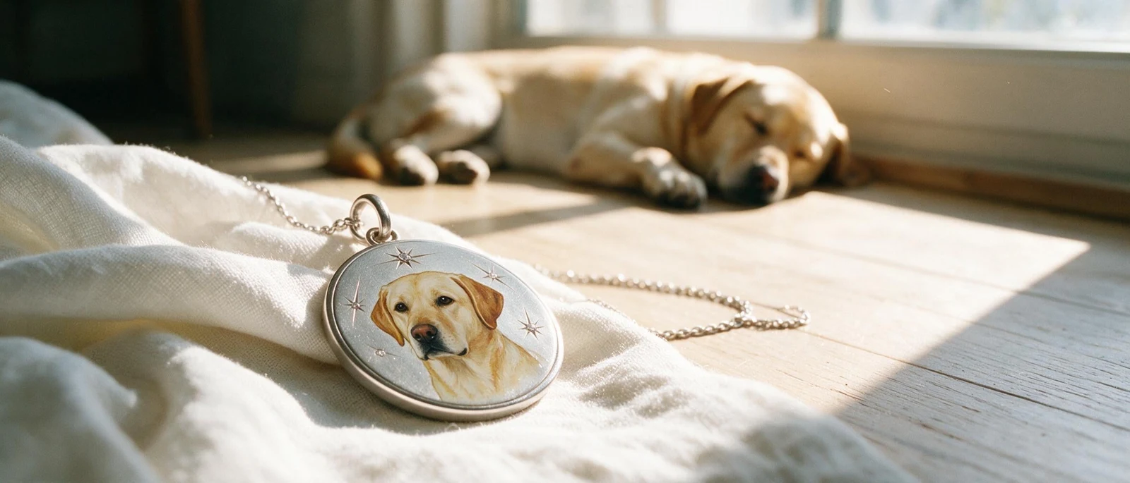 A dog portrait pendant beside its companion