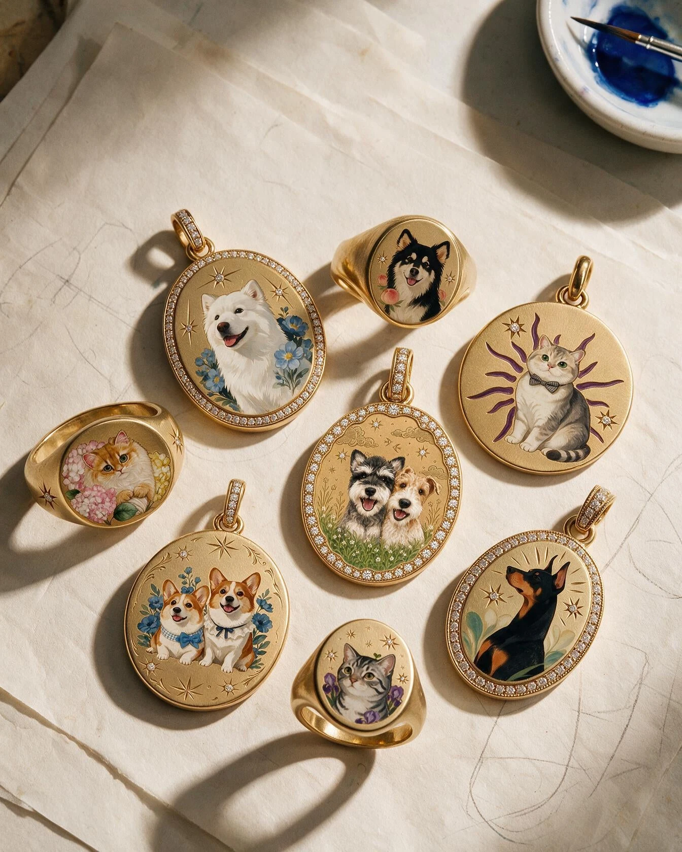 A collection of hand-painted pet portrait pendants arranged on a tabletop