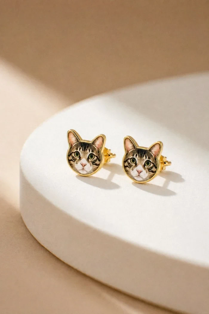 A pair of hand-painted cat portrait stud earrings