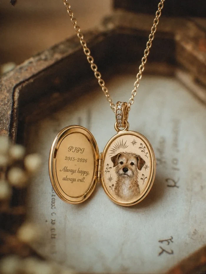 An open hinged locket with a hand-painted pet portrait inside